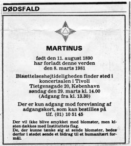 Dødsannonce (+08.03.1981) i avisen for Martinus Bisættelse i Tivolis Koncertsal den den 29.03.1980